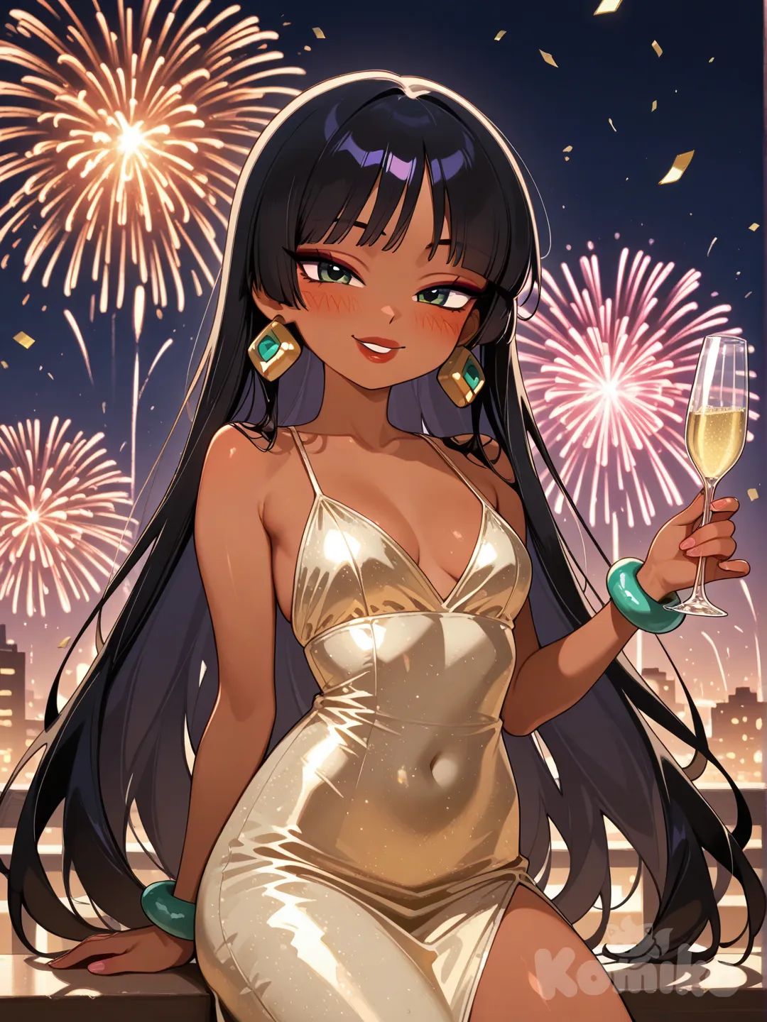 chel morena, el dorado, petite, ojos verdes, copa de champagne, año nuevo
