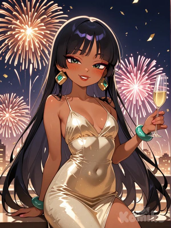chel morena, el dorado, petite, ojos verdes, copa de champagne, año nuevo