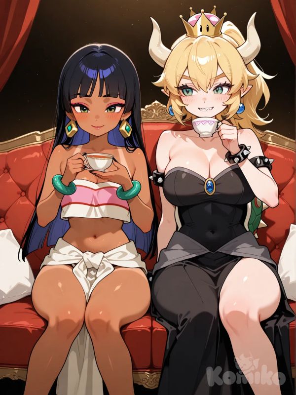 chel morena, el dorado, ojos verdes, junto a @Bowsette, sonrisa, sentadas en un sofa, tomando el te
