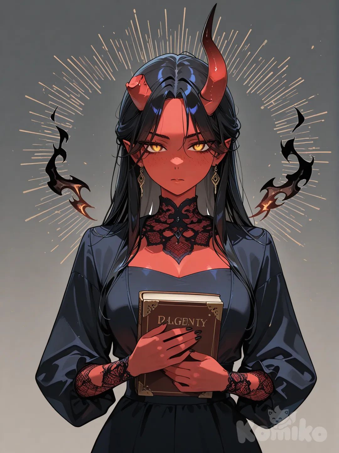 1girl, tall female, esbelta, demon girl, red skin, one broken horn, goat horns, cuernos de carnero, serious, long black hair, black freckles, elegant, long dress, holding book, black fire