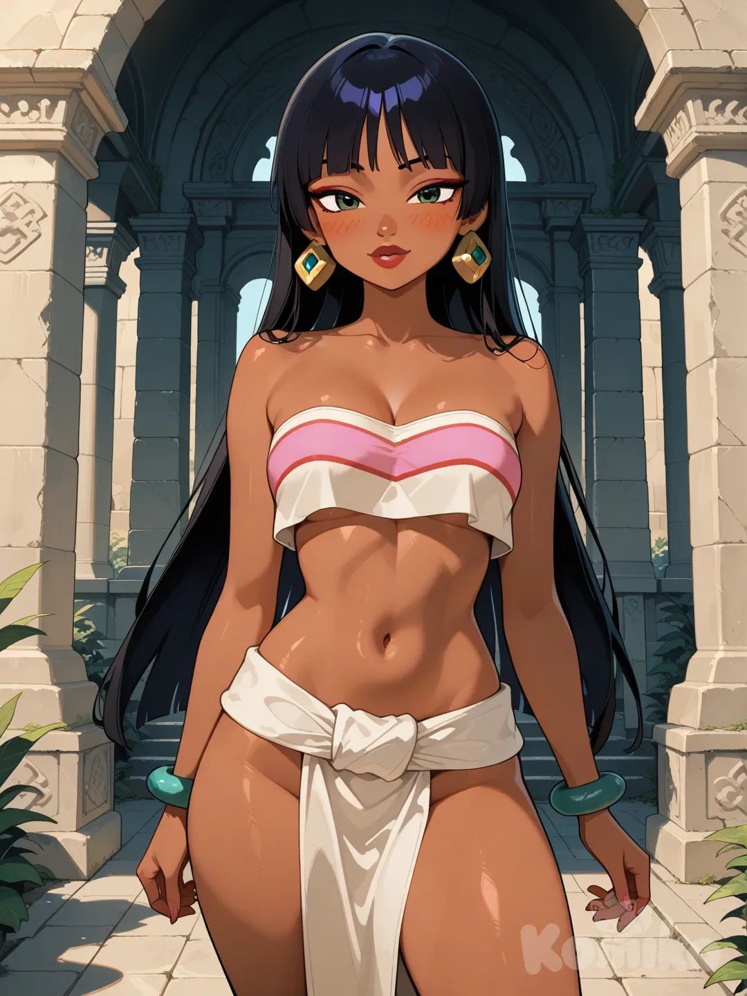 1girl, chel morena, el dorado, ojos verdes, stone temple