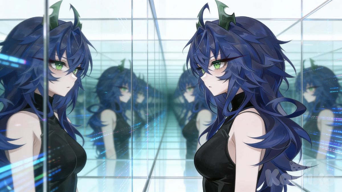 Use the provided image as the main character reference.
Preserve her facial features, hairstyle, eye color, horns, and overall identity exactly.
Do not add text, logos, or symbols on the image.
Anime cinematic portrait.
The girl stands in front of a mirror-like digital surface reflecting her image infinitely.
She is slightly turned to the side, looking at her own reflection with a conflicted expression.
Outfit: sleeveless high-neck black outfit, clean and sharp silhouette.
Background: reflective surfaces, soft white and blue light, subtle glitch distortions.
Mood: isolation, self-awareness, quiet emotional tension.
High detail, soft lighting, cinematic style, 16:9, no text.