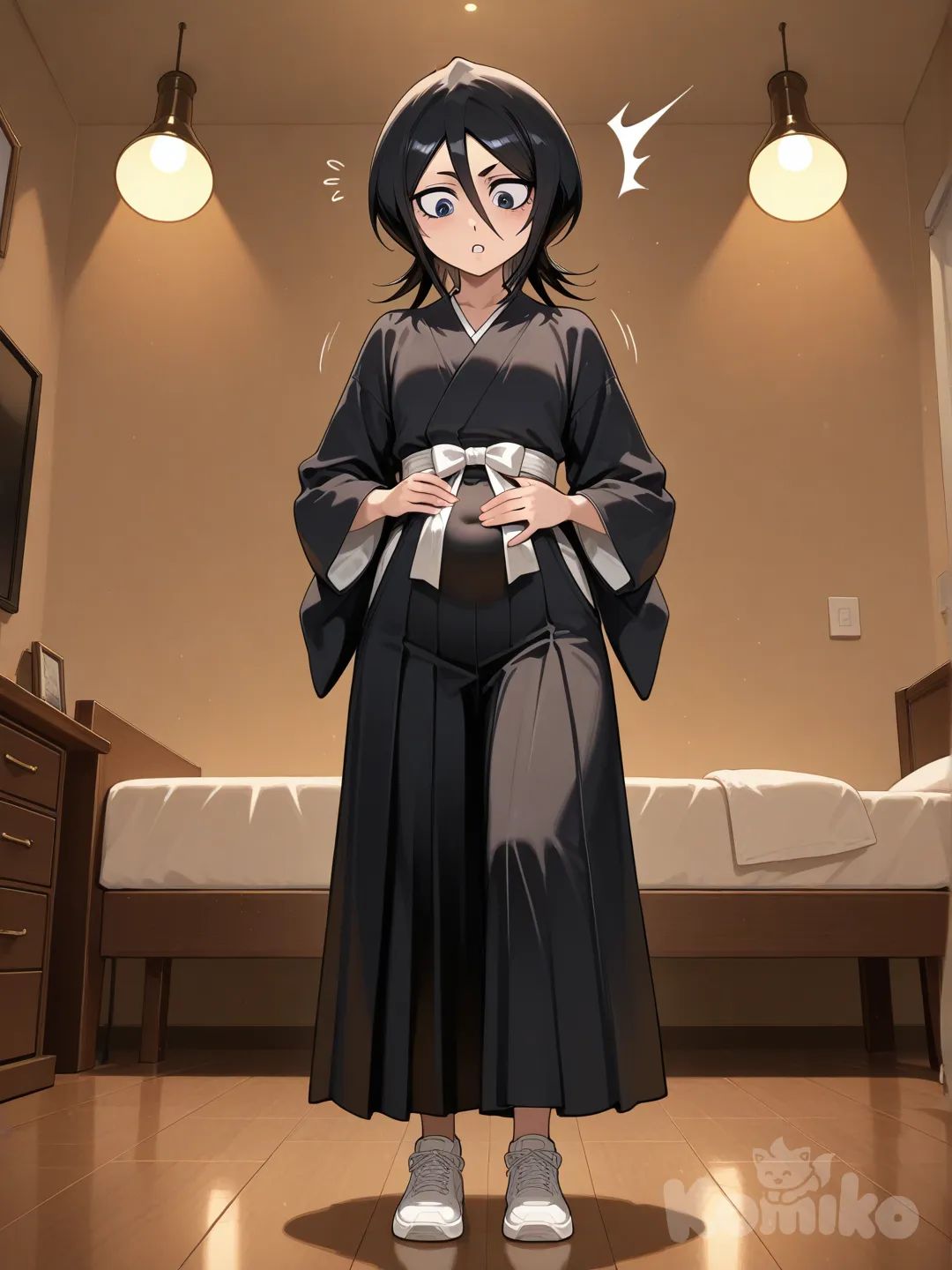 kuchiki rukia, belly grab, stage, full body
Llega a su cuarto y ve que tiene una pequeña barriga