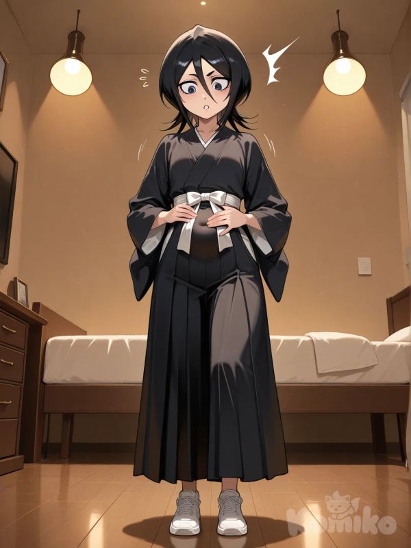 kuchiki rukia, belly grab, stage, full body
Llega a su cuarto y ve que tiene una pequeña barriga
