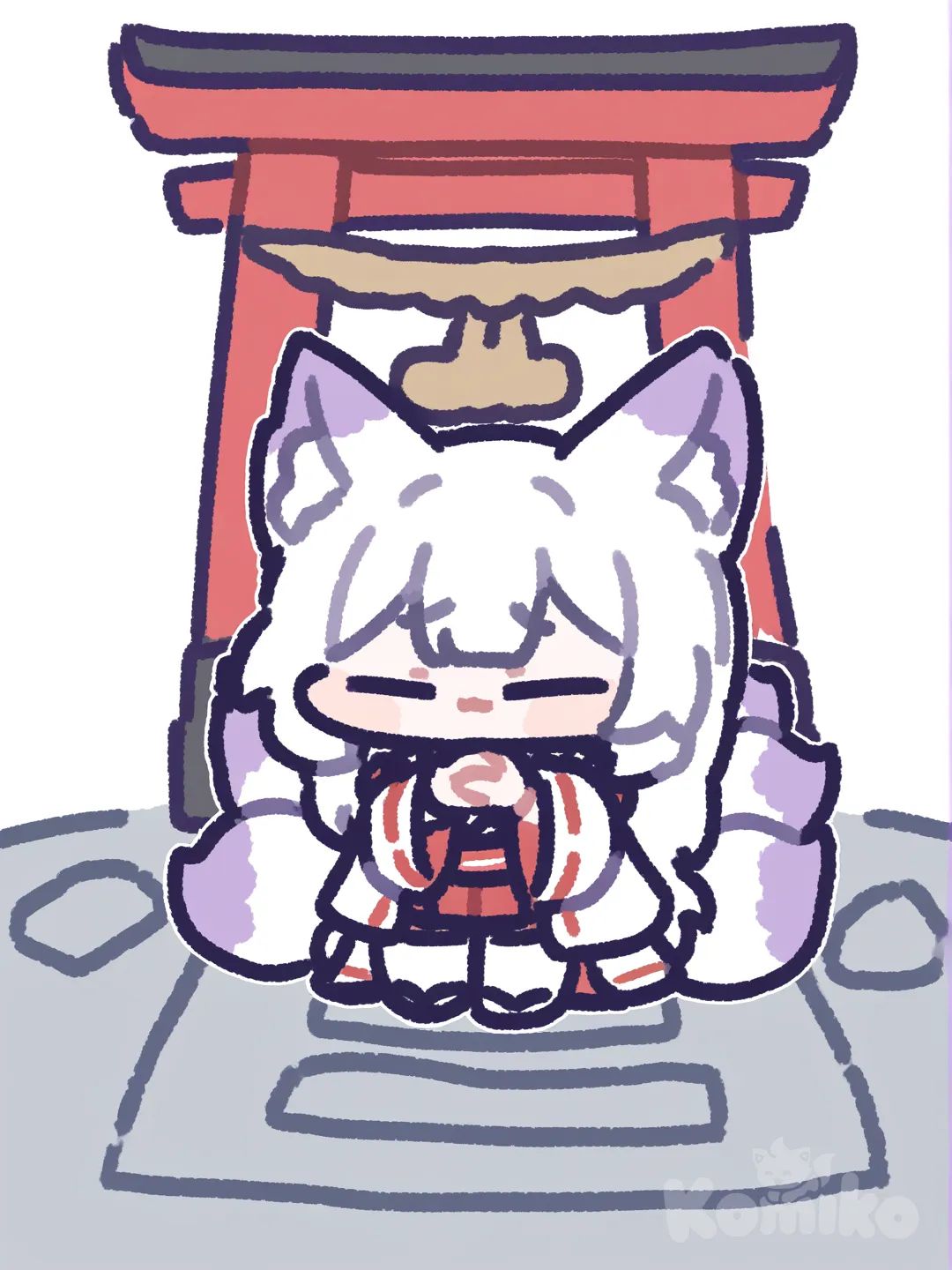 Nine-tailed fox, Fox White and purple, Animal, cute [chibi-sticker-style] Japanese shrines, where people wear miko (shrine maiden) attire and give blessings.