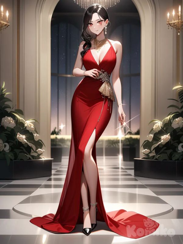 feminidad, hermosa, busto grande y redondo, vestido elegante, fitness, modelo, vestido corto rojo, femenina, pelo negro lacio largo, mostrando pierna, tacones altos, mujer, collar de oro, aretes de oro, sonrojada, sensual, moda, brillo, elegancia, alta sociedad, fiesta de gala, sola, pierna larga, moda de lujo, sofisticada, mirada intensa, maquillaje perfecto, mano en el menton, glamour, belleza deslumbrante, presencia imponente, pose seductora, joyas llamativas, estilo refinado, aura de confianza, elegancia natural