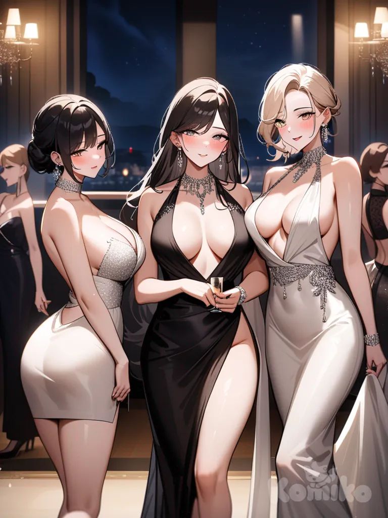 mujeres desnudas, fiesta de gala, evento elegante, sofisticado, topless, sin bragas, champán, ambiente lujoso, iluminación tenue, glamour, evento nocturno, decoración opulenta, sonrojadas, mirada lujuriosa, lujo, moda, joyería brillante, ambiente exclusivo, senos grandes, escote, velada sofisticada, belleza radiante, destellos de luz, desenfreno elegante, noche de opulencia