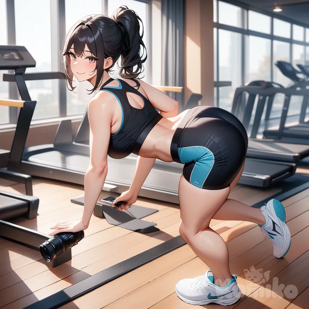 mujer adulta, pelo largo negro, figura fitness, ropa deportiva, dos piezas, top, shorts, tenis blancos, gym, planchas, sonriendo, cámara, cuerpo completo, trasero hermoso, pechos redondos
