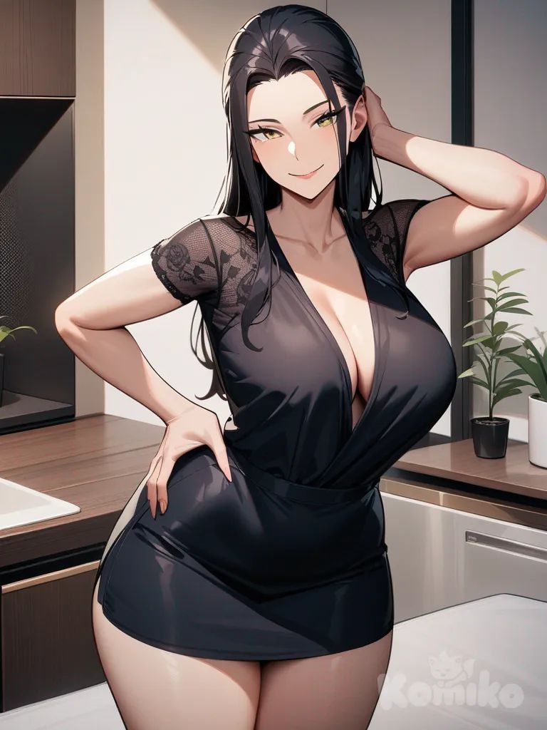 madura, mujer sola, nico robin, segura de si misma, desnuda, senos grandes, piernas hermosas, de pie, brazo en la cadera, otro brazo en la cabeza, sonriendo, pubis definido