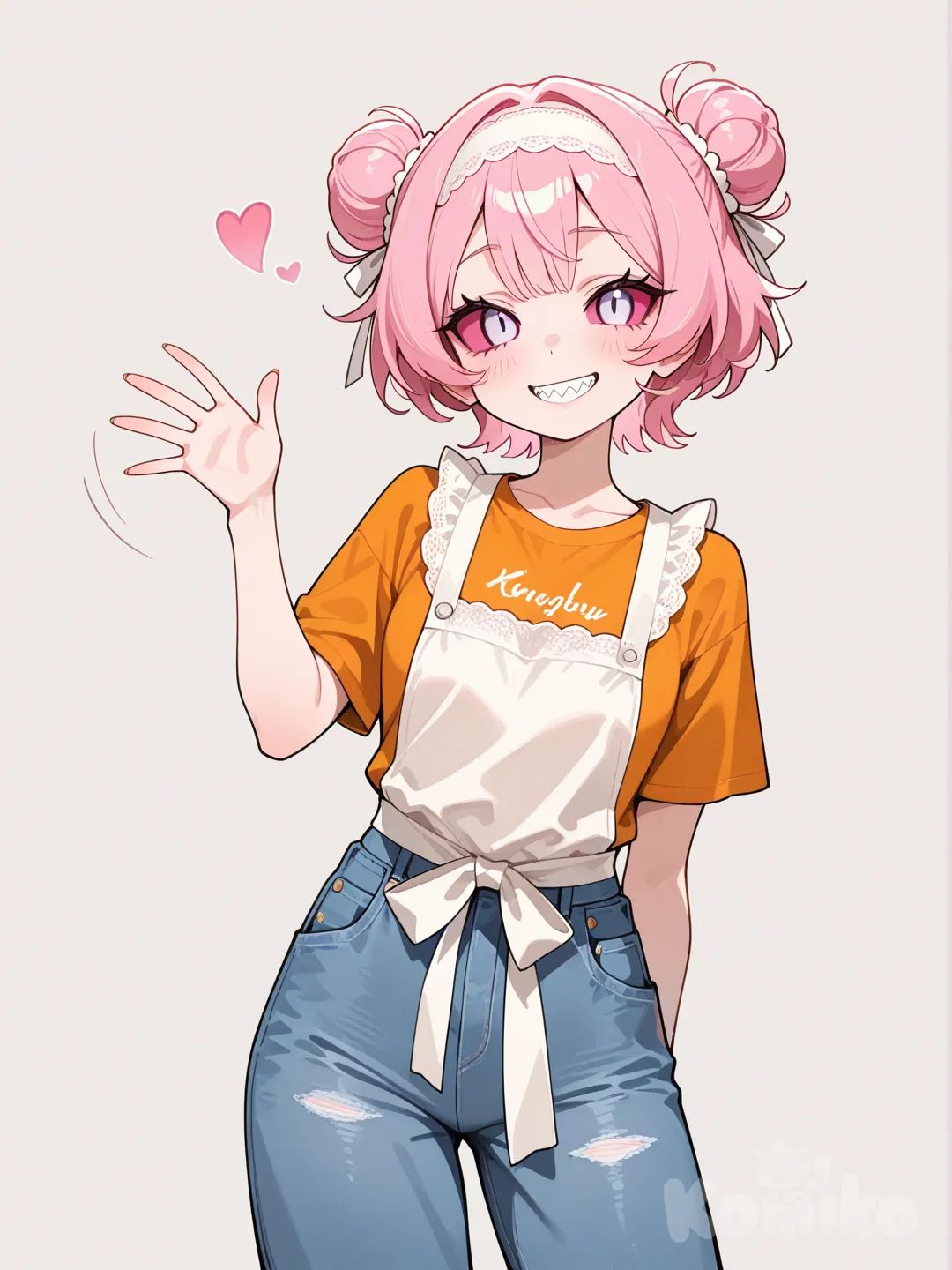 @Niffty, waving, t-shirt, jeans, overalls, wide-leg pants, beach shorts, apron, lace, headband, bun, burgundy, portrait