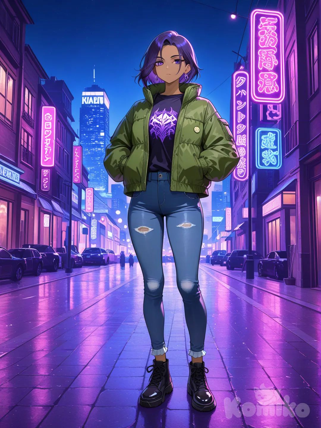 @Raven_(Dc), hands in pockets, t-shirt, jeans, down jacket, ruffles, earrings, full body, city lights, cityscape