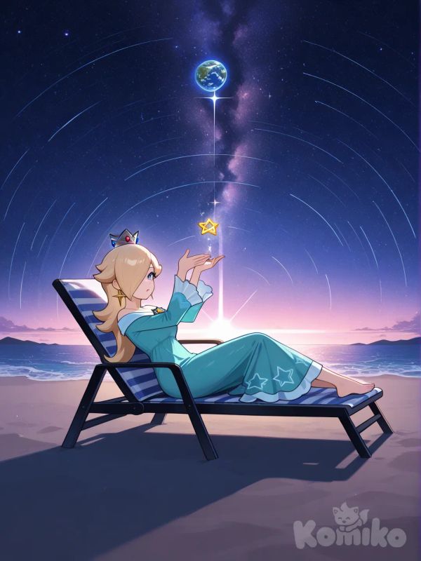 Rosalina, super mario Galaxy, space, beach chair, beach towel, earth (planet)