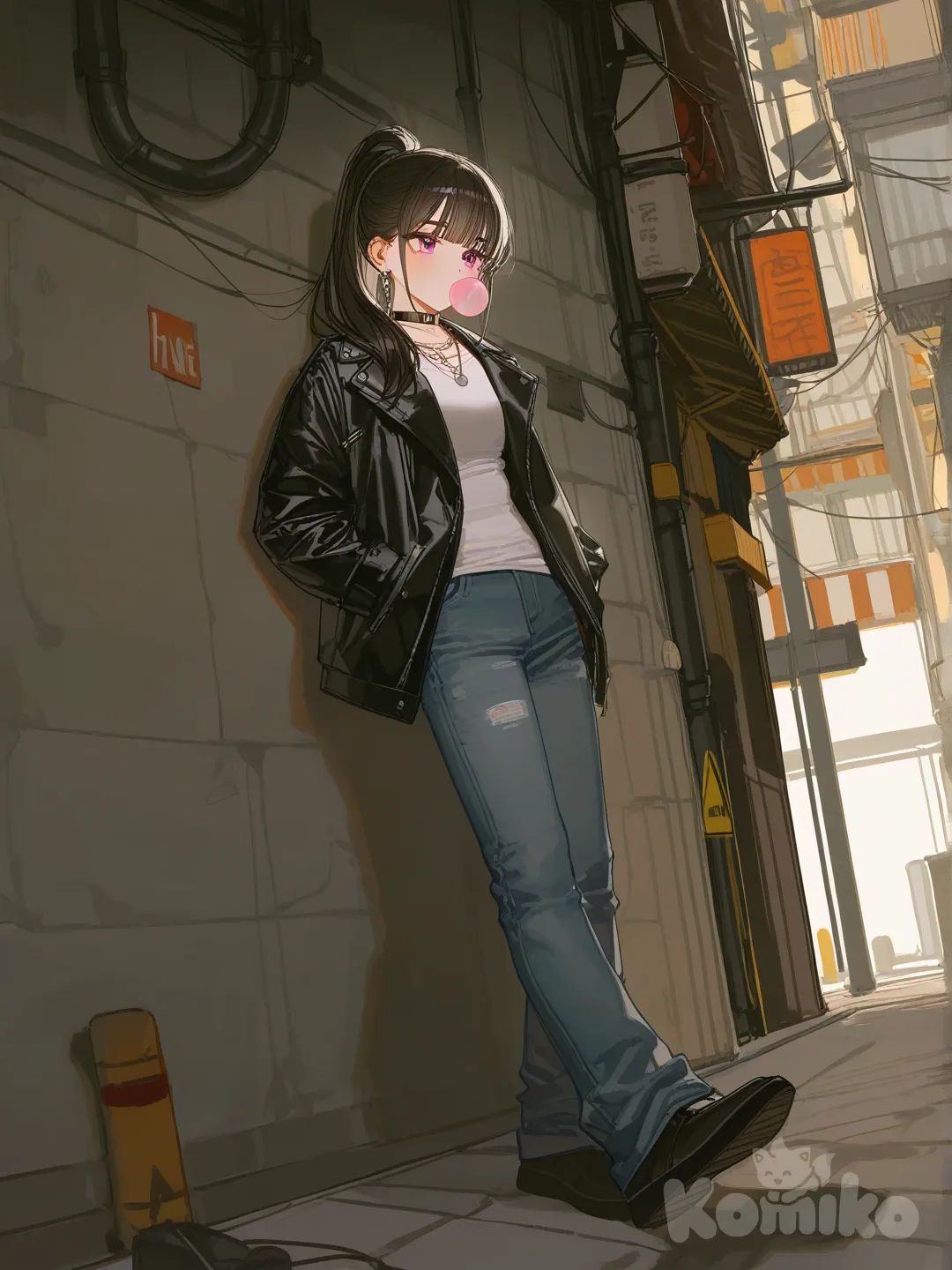 1girl, hands in pockets, [lacquered-illustration-style], leaning against wall, looking at phone, expressionless, chewing gum, t-shirt, leather jacket, jeans, hair accessory, earrings, necklace, choker, high ponytail, straight bangs, charcoal black, full body, from below, top light, alley, looking at phone