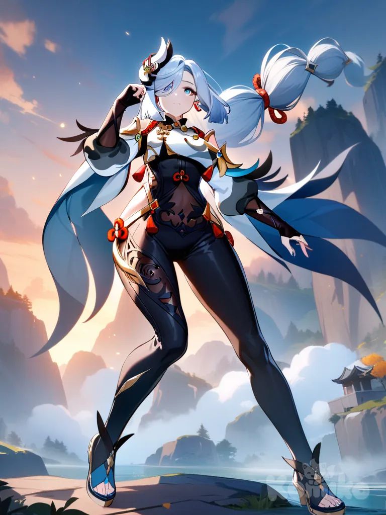 shenhe (genshin impact) , mix , saber (fate) suit , full body