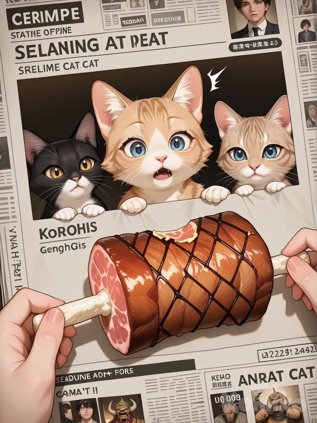 Newspaper photo, caught a Korat cat, committed the crime of stealing Genghis Khan grilled meat, a real cat