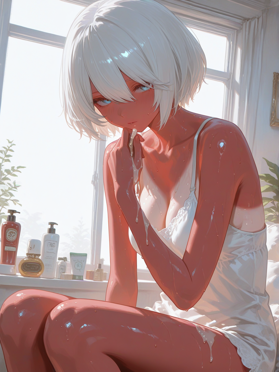 Putting on some sunburn cream.