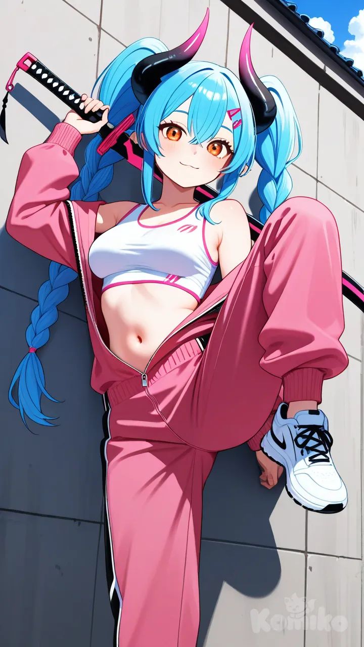 1girl, teenage, light skin, fit athletic, seductive, medium breasts, cradium blue hair, long bangs, twin tails, braided hair, orange eyes, black horns, pink horn tips, black and pink trim jumpsuit, white mini tank top, pink and black katana, holding sword, leaning against wall, leg up, jumping from rooftop, taking off clothes