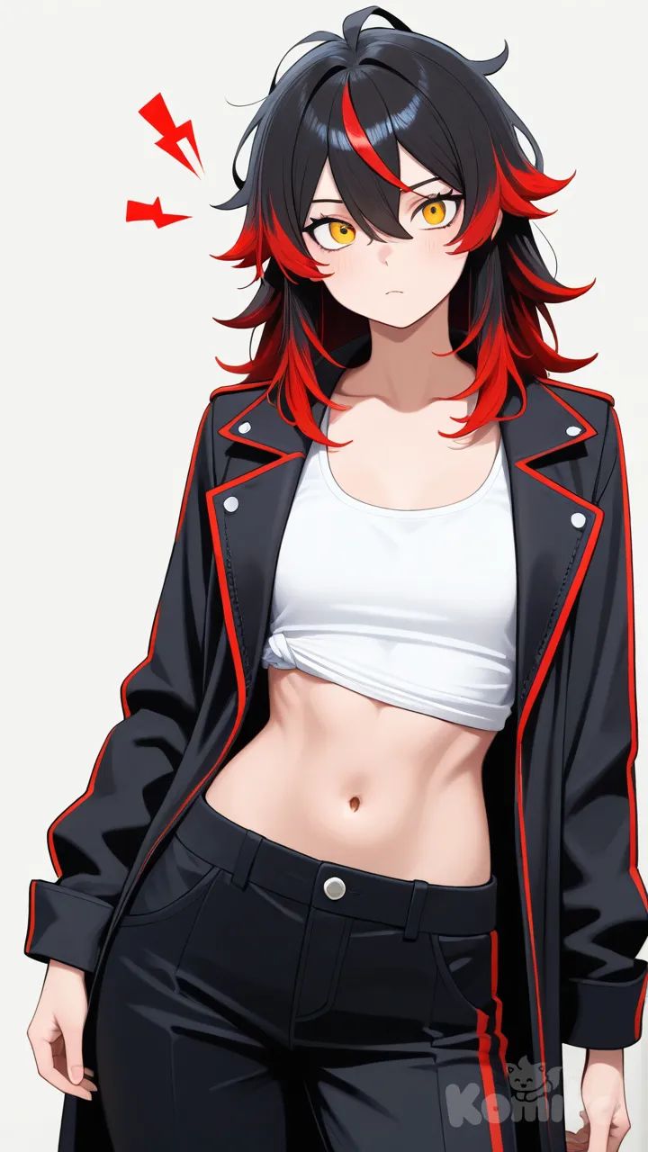 1boy, black hair, Red hair tips,messy hair, two bangs in between eyes, light tan muscle body ripped, 5 ft and 8 in tall, Left eye blue, right eye gold, using a white lightning bolt, in a red black trim Long jacket, black cargo pants and a white tank top, teenager