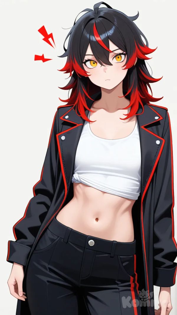 1boy, black hair, Red hair tips,messy hair, two bangs in between eyes, light tan muscle body ripped, 5 ft and 8 in tall, Left eye blue, right eye gold, using a white lightning bolt, in a red black trim Long jacket, black cargo pants and a white tank top, teenager