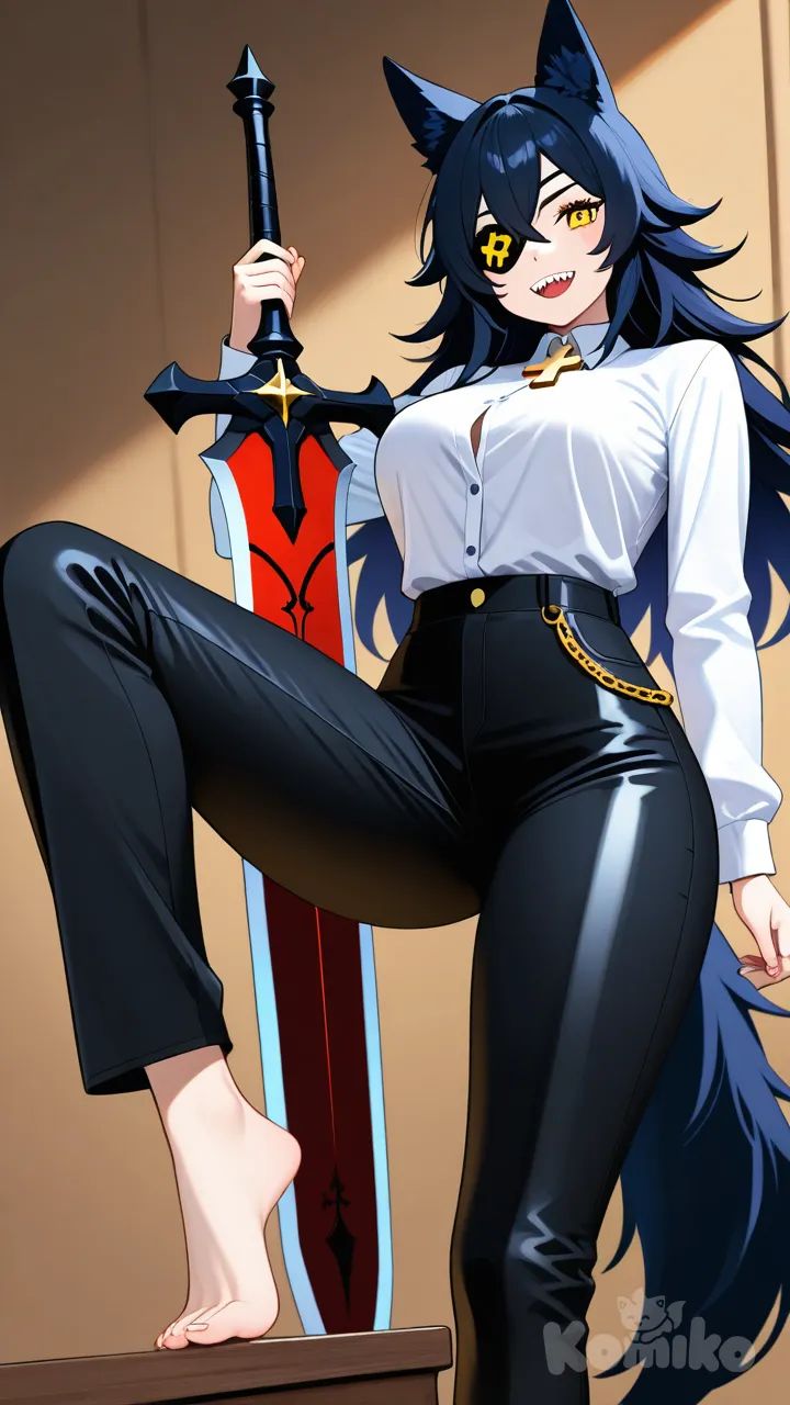 Blacklong and wild black spikey hair, light tan body,Golden eyes, left eyepatch black with a gold cross, a white blouse button up, black leather pants, long legs, a wolf girl in human form, shaped teeth, seductive and aggressive, red lipsticks, about six foot two inches, carrying a Great sword , 1girl(the same as before but with shirt half open)