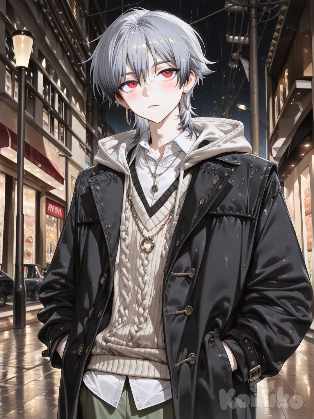 [high-gloss-illustration-style], front profil, rainy, night, front profile photo, 1boy, selfie, expressionless,silver hair, dull red eyes, white skin, Black crew neck sweatshirt under a long black hooded coat, The boy has to be 21 years old, You don't need to wear the hood, mullet, @keizo-mzJp, center parted hairstyle