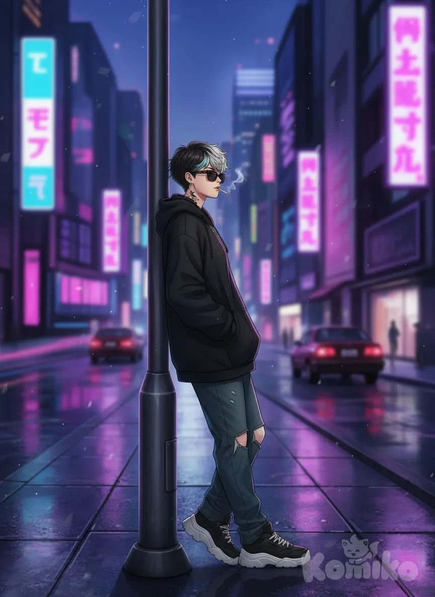 emotionless, leaning against a light pole on the sidewalk, hands in pockets, full body, side profile photo, nighttime, she is lit by a light above her off camera, city background, IMG-20251107-WA0007, anime style
