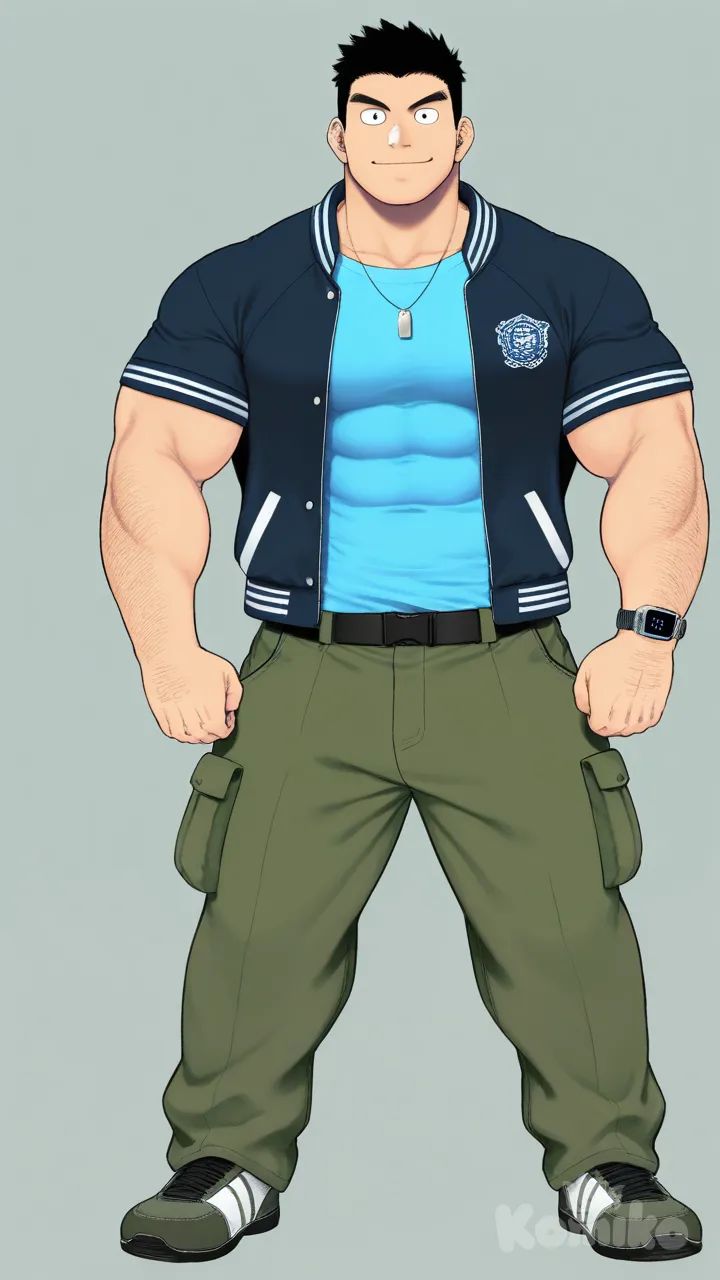 muscular, hairy, hunk, bodybuilder, abs, masculine, bara, bulging muscles, thick thighs, broad shoulders, strong, rugged, body hair, beefy, macho, manly, toned, powerful, well-built, brawny, ripped, shredded, chiseled, defined, athletic, fit, handsome, attractive, black hair, Muscular man, highly defined musculature, ultra-anatomy, vibrant colors, high-resolution, smile, full body, Long sleeves, necklace, digital watch, tsukudani (coke-buta), varsity jacket, t-shirt, cargo pants