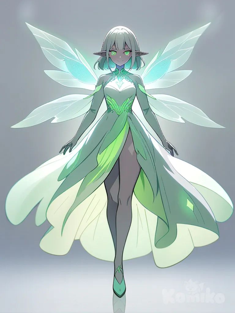 1girl, sleek silver hair, vibrant green eyes, elegant flowing dress, delicate elfin features, graceful swan-like posture, luminescent porcelain skin, intricate celestial jewelry, ethereal gossamer wings, captivating radiant smile, single character, full body, looking at viewer, anime style, simple background, white background
