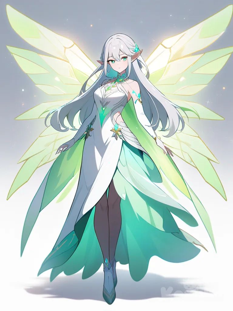 1girl, sleek silver hair, vibrant green eyes, elegant flowing dress, delicate elfin features, graceful swan-like posture, luminescent porcelain skin, intricate celestial jewelry, ethereal gossamer wings, captivating radiant smile, single character, full body, looking at viewer, anime style, simple background, white background