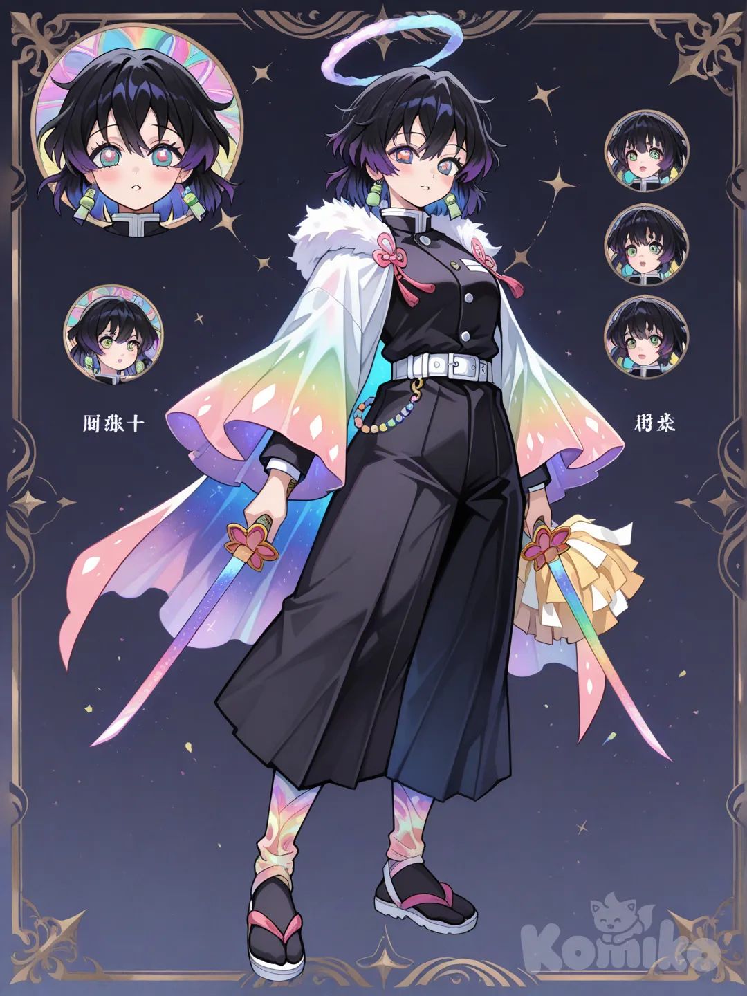 Niji Tsuki, the Rainbow Hashira, has a bright and striking look that makes her instantly unforgettable. Her eyes shimmer in iridescent rainbow colors with delicate flower-shaped pupils, giving her a soft, magical glow. Her hair is short, messy, and wildly colorful—a black base streaked with every rainbow shade, sticking out in fluffy tufts that frame her face in chaotic charm.

Her Demon Slayer uniform follows tradition but is infused with subtle rainbow accents. The black fabric is woven with faint iridescent threads that shimmer when she moves. Rainbow embroidery lines the collar and sleeves, and her wide uniform pants have multicolored stitching hidden in the pleats. A white belt with rainbow-thread details ties everything together. Her footwear—white wraps fading to pastel colors, black tabi, and sandals with rainbow-gradient straps—completes her luminous theme.

For outerwear, she uses a rainbow-themed shawl or cape. One resembles layered rainbow feathers, another forms a bright halo ring, and a softer version sparkles like stardust across the fabric. These capes flow beautifully behind her and amplify her radiant visual style.

Niji wears cute rainbow accessories such as ribbons, prism earrings, bead chains, fluffy poms, and small pastel charms. Even her weapons, a pair of iridescent battle fans, are decorated with tiny bells, clouds, prisms, and tassels. When opened, the fans bloom into glowing watercolor rainbows.

Overall, Niji Tsuki’s appearance blends beauty, chaos, and color—making her a living spectrum and a brilliantly unique Hashira.

CHARACTER SHEET, MULTIPLE EXPRESSIONS, WEAPONS.