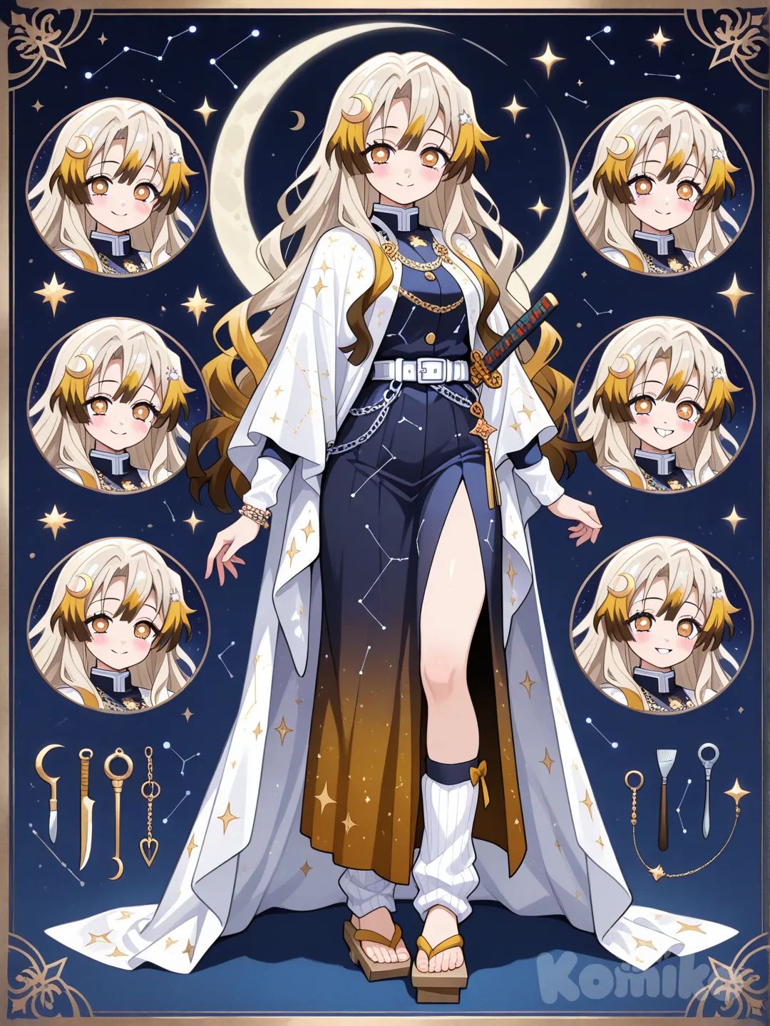 1girl, Demon Slayer style, original character in the world of Demon Slayer, young adult,age 20 years old, slim, short, athletic, fair skin.

Hair:
Pale, almost white-blonde with warm golden undertones.

Random, thin streaks of silver to mimic falling stars.
 
Eyes:
Inner iris glows with bright gold/white, like the sun peeking around an eclipse.

Pupils become star-shaped or turn white during forms.

Face:
Soft, Rounded Features

Slightly rounded cheeks, giving her a gentle, youthful look.

A soft jawline rather than sharp angles.

Small, delicate nose—slightly upturned or button-like.

This fits her sweet personality and gentle aura.

2
Warm, Soft Smile

She often wears a small, polite smile—almost shy.

When she genuinely smiles, it lights up her whole face, giving her that “star-like glow.”

Haircolor:
Creamy Latte Brown – a soft, warm brown base with creamy highlights.

Cream Crescent Bangs

Brown hair overall, but the bangs are a bold cream color shaped to look like a crescent moon.

Hairstyle:

Celestial Layered Waves

Soft, layered waves that move like ripples of starlight. Cream highlights shimmer through the curls.

Hair accessories:

Crescent Moon Comb

A curved hair comb shaped like a crescent moon, used to hold up half her hair or secure a bun.

Nova Burst Clip

A clip shaped like a dramatic starburst—bright, bold, and fitting for a Hashira’s presence.

Demon slayer Uniform:

Starblade Skirt Style (long skirt + slit)

Elegant, deadly, celestial.

Long navy skirt with a high side slit for mobility

Fitted uniform top with celestial embroidery

Cream underlayer visible when she moves

Slightly longer sleeves for a graceful silhouette
Perfect if you want her to feel beautiful but dangerous, like a falling star.

Geta:

Starlight Geta (elegant + celestial)

Dark brown or navy wooden base

Cream straps

Tiny star engravings along the sides

Slight shimmer finish to mimic starlight

Good for: elegant or skirt-based uniform.

Shawl/Haori/Cape:

Starfall Trail Shawl (dramatic + long)

Long flowing shawl that reaches her calves

Bottom edge dotted with star-shaped cutouts

Subtle sparkly thread running in lines like falling stars

Splits slightly in the back like a comet tail

Vibe: dramatic, graceful, unstoppable.

Galaxy Wrap Cape (wrapped + warm)

Thick fabric folded over her shoulders like a winter cape

Deep navy with cream constellation outlines

Stars cluster around the collar like a glowing halo

Fastened with a star-shaped clasp

Vibe: cozy, wise, protective.

Arm warmers & Leg Warmers:

Constellation Sleeve Warmers

Deep navy knit or cloth

A thin white or cream constellation pattern running from wrist to elbow

Tight fitted for combat

Mystical, refined.

Nebula Knit Leg Warmers

Cream-and-brown gradient knit

Subtle swirls resembling nebula clouds

Mid-calf length

Soft and dreamy. 

Weapon:

Constellation Chain-Sickle (kusarigama variant)

A cream-handled sickle

A chain decorated with small star-shaped metal beads

The chain segments reflect light like a star path

Weighted end shaped like a small meteor chunk

Vibe: unpredictable, elegant, deadly from afar.

Accessories:

Crescent Moon Waist Charm

Small silver or cream crescent moon charm

Hangs from her obi or belt

Light chime sound when she moves

Vibe: graceful, celestial.

Starburst Weapon Charm

Tiny star-shaped charm tied near the hilt of her sword

Moves slightly during swings

Symbolizes her strongest breathing form

Vibe: subtle but personal.

Constellation Bracelet

Thin brown or gold bracelet

Dotted with tiny star beads forming her favorite constellation

A personal keepsake

Vibe: soft, sentimental.

Polaris Necklace

A single small five-point star pendant

Worn under her uniform

Represents her “guiding star” theme

Vibe: minimalist and symbolic.

Colors:

Moonlit Cream Palette (soft + elegant)

Cream White (main accent)

Warm Cocoa Brown (hair + details)

Pale Gold (stars, metal parts)

Soft Night Gray (shadows, straps)

Vibe: calm, refined, celestial beauty.
Character Sheet, multiple Expressions, weapons