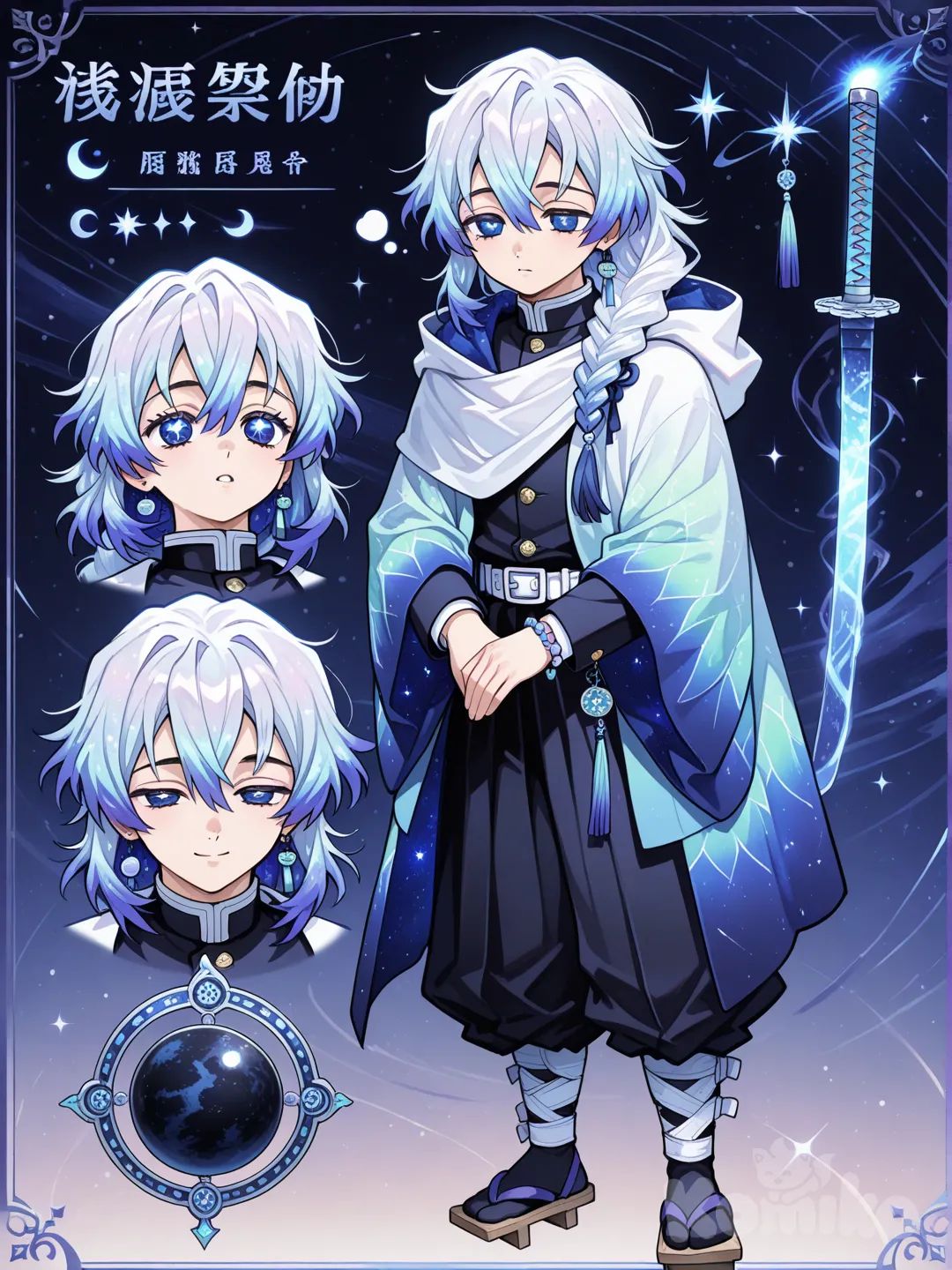 1boy, Demon Slayer style, original character in the world of Demon Slayer, slim, tall, muscular, fair skin,Demon slayer.

Hair:
Subtle sparkles or gradient, like looking into space.

Works if you want him to feel more supernatural or gifted.

Style option:
Medium length, slightly fluffy, with a gentle fade to lighter blue.

Hairstyle:
Short front, long braided tail in the back.
Thick, fluffy bangs with uneven ends.

Very soft

A natural, slept-in look

Good for a calm or sleepy swordsman

Eyes:
Half-Lidded Soft Eyes

Relaxed, calm, slightly sleepy.
Perfect if Hirokage is quiet or mysterious
Soft Round-Edge Eyes (BEST FIT)

Slightly rounded at the bottom

Gentle taper at the corners

Warm, welcoming expression
Vibe: Kind, patient, protective

Eye color:
Star Blue

Bright blue with tiny lighter flecks like stardust.

Personality:
Calm patient and sweet 

Uniform:
Hirokage wears a dark navy Demon Slayer uniform, soft and almost black, with a faint starlike sheen. The jacket has a rounded collar and matte navy buttons, giving him a calm, gentle look. His pants are soft and loosely flowing, moving like drifting clouds when he walks.

He ties everything together with an indigo cloth belt that has ends fluttering slightly like a nebula tail. For footwear, he wears navy-stained wooden geta with soft gray straps, decorated with a subtle spiral engraving on the sides that hints at gravitational pull.

The overall look is peaceful, dreamy, and celestial, perfectly matching his calm and sweet personality.

Shawl:
Nebula Cloak-Shawl” (Best Fit)

Huge, soft, wraps like a shawl

Front drapes loosely around his shoulders

Back falls long like a cape (mid-thigh length)

Hood optional, big and cozy

Dark navy with an indigo nebula swirl along the edges
Vibe: Warm, mysterious, celestial

Weapon:
Gravity-Forged Nichirin Katana (Best Fit)

Blade has a soft silver glow like moonlight

Faint curved “gravity rings” ripple along the metal when swung

Tsuba shaped like a swirling spiral or collapsing star

Perfect for balanced, calm fighting styles
Vibe: Elegant, celestial, gentle but powerful

Accessories:
Gravity Charm Bracelet (Perfect Fit)

Thin silver bracelet

Tiny dangling charms shaped like planets or gravity rings

Calms him when he touches it
Vibe: Gentle, sentimental, soft boy energy

Star Compass Pendant

A small silver compass with a star-shaped center

Always points slightly upward, like it's pulled by gravity

Something he carries for comfort
Vibe: Peaceful, dreamy, symbolic

Nebula Scarf Tassel

Attached to the end of his big shawl/cloak

Soft indigo tassels with faint star beads woven inside
Vibe: Cozy, elegant, spacey

Planetary Earring (Single Earring)

One small earring shaped like a crescent planet or tiny black orb

Subtle but stylish
Vibe: Quiet beauty, celestial charm

Character Sheets, Multiple Expressions,Weapons, etc