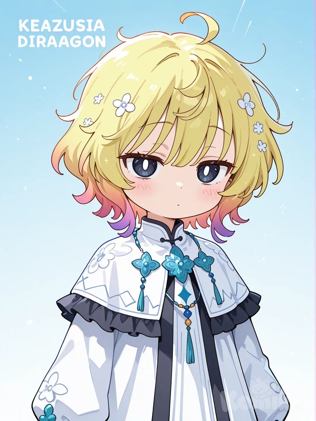 1girl, short wavy fluffy yellow hair with an ahoge and layered bangs, soft ceremonial fantasy-styled outfit with white black, and pastel blue as the main colors, black eyes, white pupils, kobayashi-san chi no maidragon, child