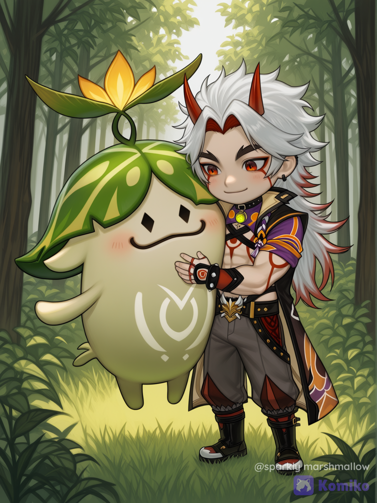 fatty aranara hugging with arataki itto genshin impact