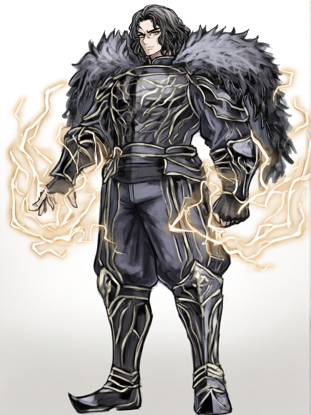 [sketchy-painterly-style] 1boy, black_hair, brown_eyes, fair_skin, mature, athletic, lightning_magic, isekai_fantasy, single character, full body, looking at viewer, anime style, simple background, white background
