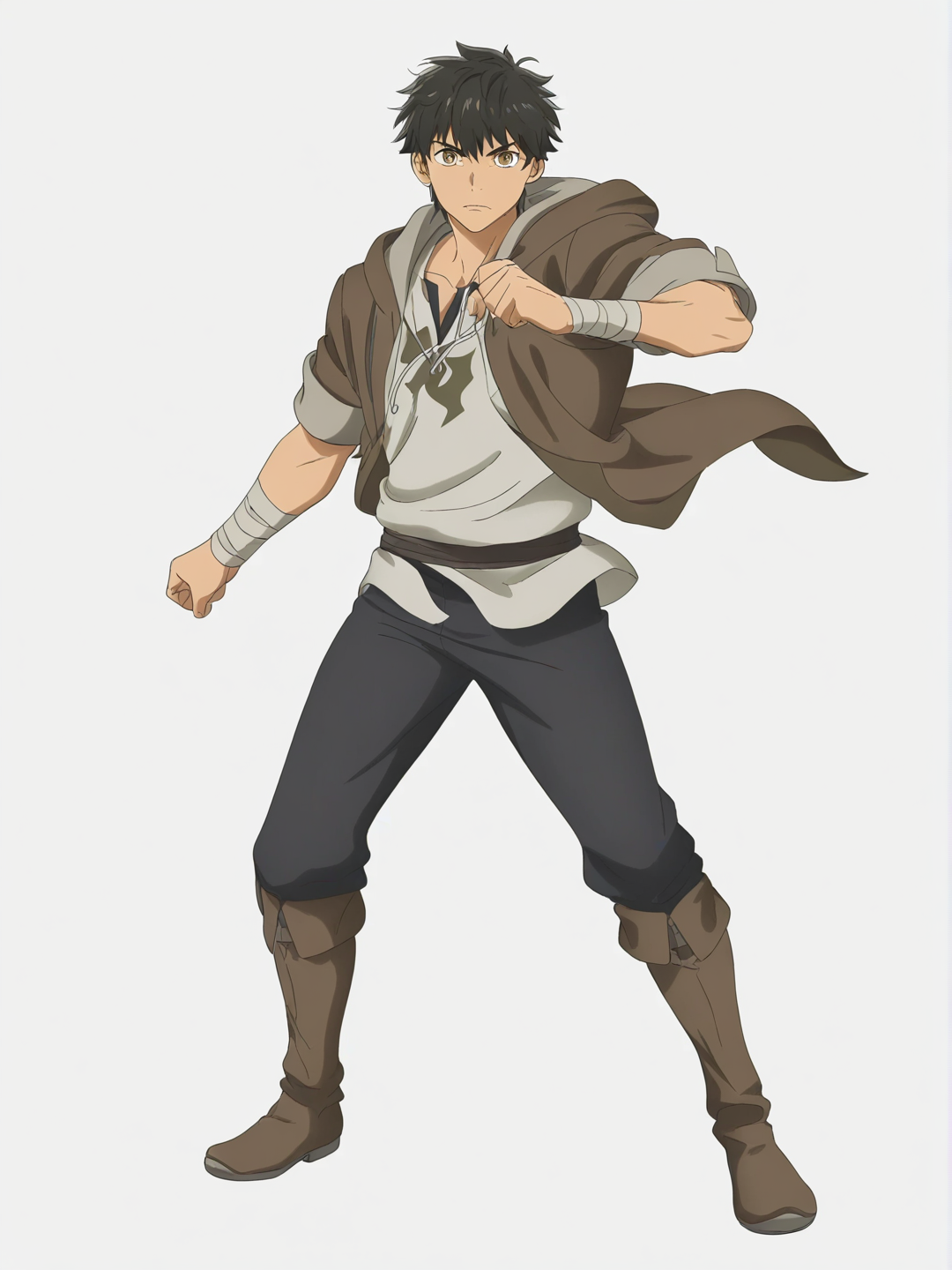 [bright-anime-style] 1boy, black_hair, brown_eyes, fair_skin, mature, athletic, lightning_magic, isekai_fantasy, single character, full body, looking at viewer, anime style, simple background, white background