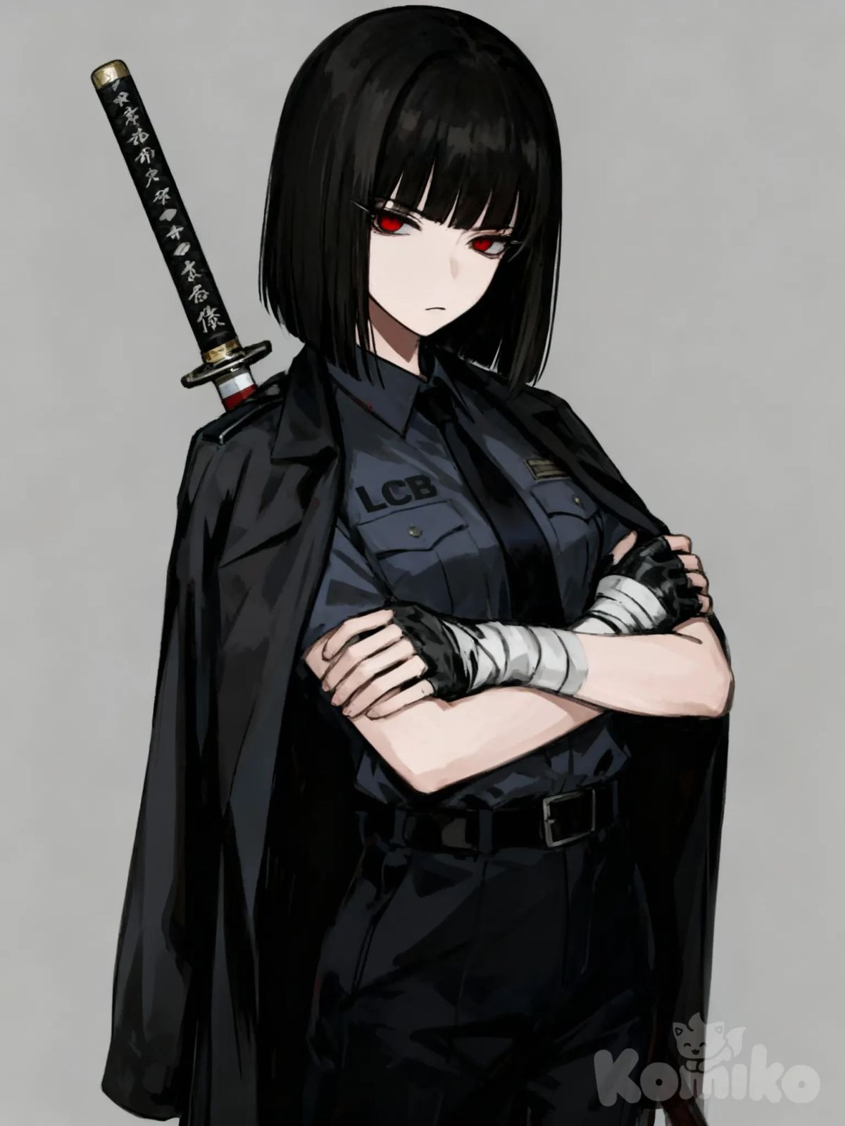 Depict a woman of average height and build with a sleek, straight black medium lenght bob haircut, featuring a perfectly blunt fringe that fully covers her eyebrows. Her eyes are sharp, intense red, giving off a cold and hostile aura. She wears the LCB uniform in an informal manner: a dark coat draped over her shoulders, no tie, and a single black glove on one hand. On her back rests a long sheathed ōdachi with Japanese inscriptions along the scabbard, its blade never visible. The overall atmosphere should emphasize her dangerous, artistic, and macabre presence, as someone who observes the world with an aesthetic detachment toward violence. Keep the tone tense and slightly sinister to reflect her nature., 5c8f6a9b2edbc91e4eeabf3524f1ffa8