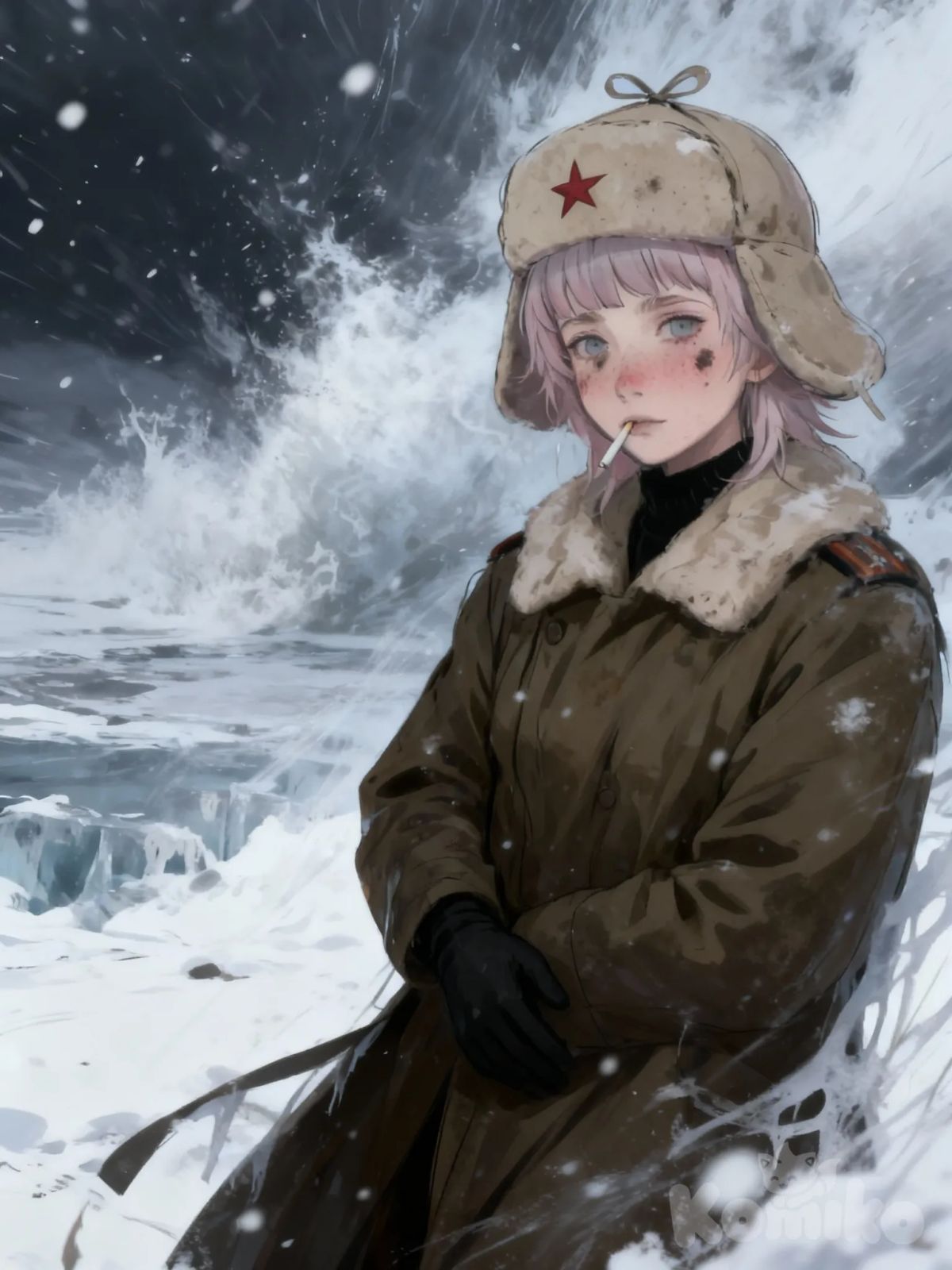 A young woman with short pale-pink or light lavender hair and a soft fringe over her forehead. Her oval face shows a neutral or slightly melancholic expression, pale skin with a faint pink blush, dirt smudges on her cheeks, and a slightly irritated nose reddened by the cold. Her light-colored eyes (bluish or grayish) carry deep dark circles. A small cigarette or stick protrudes from the left corner of her mouth. She wears a light-brown or beige ushanka with the ear flaps tied on top and a red five-pointed star on the front. Her long, heavy winter coat is dark brown or olive green, made of thick wool or canvas, with a wide light-brown faux-fur collar. Underneath, a black high-neck garment. Both hands are in simple black gloves, the left resting against her chest or abdomen. The environment is brutal: dim, oppressive Eastern European winter lighting, muted and icy, with a violent snowstorm tearing through the scene. Thick snowflakes whip across her face, her hair and coat are partially frozen, and the air feels sharp and unforgiving. The atmosphere conveys extreme cold, wind pressure, and a desolate frozen landscape. Realistic anime style, harsh textures, moody shadows, intense winter ambience., KomikoAI.jpg (24)