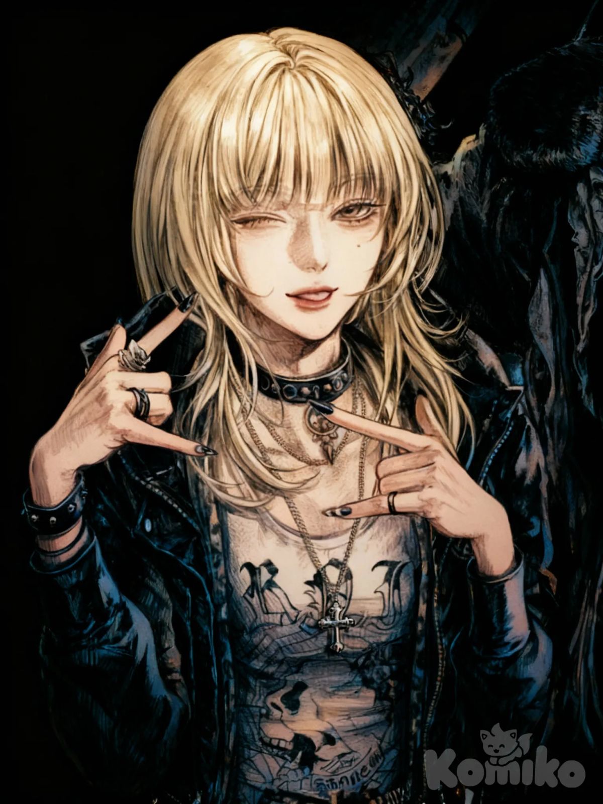 ––– Prompt de la chica (punk-goth, basado en la imagen) –––
A punk-goth young woman with long, straight blonde hair and full bangs covering her forehead. Her hair falls naturally over her shoulders with a slightly messy, lived-in look. She has a slim face with soft yet sharp features, large eyes, and she is winking with her left eye, wearing a confident, playful expression. Her lips are slightly parted, giving a relaxed, rebellious vibe.
She has long, slender fingers with dark-painted nails. Her pose is bold and expressive: both hands raised near her chest, each forming a rock hand gesture, with her fingers pointing inward toward her necklaces. She wears multiple rings on her fingers and dark bracelets on her wrist.
Her outfit consists of a black leather jacket with a worn, textured look, open at the front. Underneath, she wears a fitted graphic tank top featuring a skull illustration and stylized text. Around her neck, she wears layered accessories: a black studded choker with circular metal details, several thin chains of different lengths, and a prominent cross pendant hanging at her chest.
The overall aesthetic is punk-goth, with a gritty, underground atmosphere, strong contrast lighting, dark tones, and a raw, rebellious energy., b554e80bd63da4a60950132850d2043b