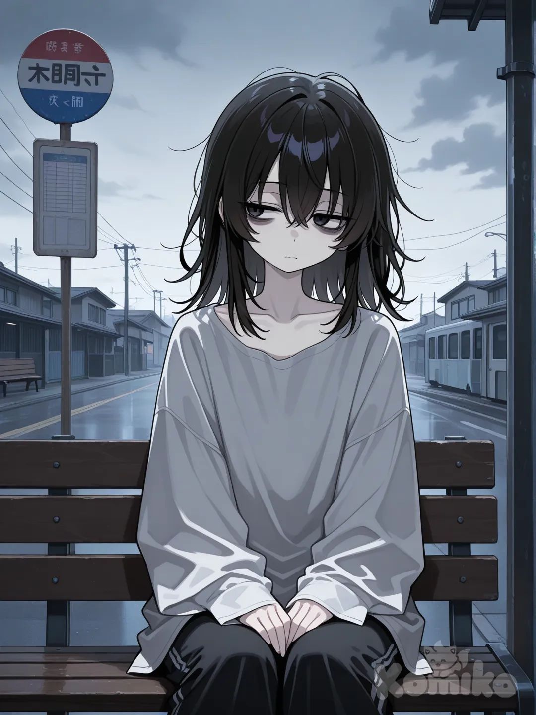Pale skin, dark hair down to her collarbones, circles under her eyes, simple baggy clothes, soft fabrics, skinny body, indifferent half-look,sitting on a bus station,storm weather byt not raining, soft shadow