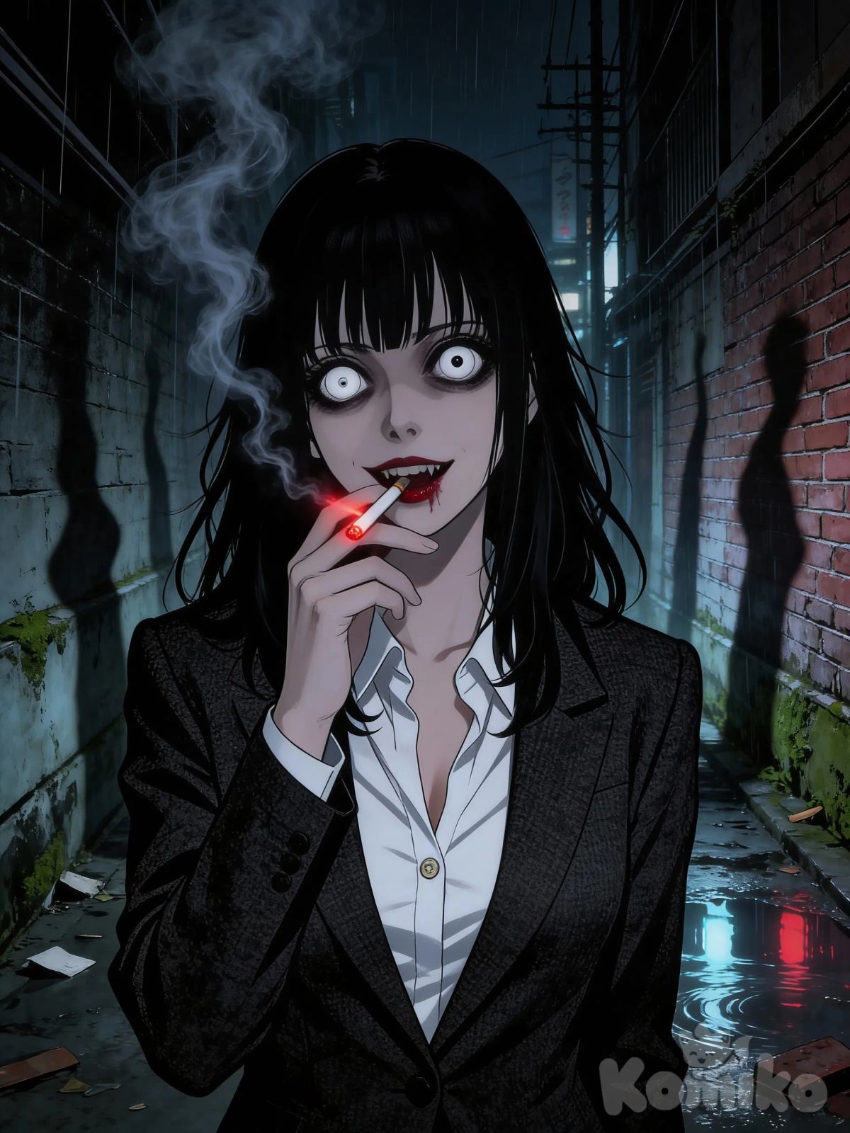 Extremely digital illustration in the style of Japanese horror manga and ukiyo-e woodblock print, with a photorealistic and hyper-realistic render, 8k resolution, intricate details, high contrast, harsh chiaroscuro lighting, sharp lines, cinematic lighting, sharp focus: A pale-skinned woman with an unsettling, psychopathic smile and wide-open eyes featuring completely white irises and tiny black pupils, a vacant and hypnotic stare. She has thick, messy, lustrous black hair that reaches below her shoulders. She has dark red lipstick and is holding a lit cigarette with a bright red glowing tip to her lips with her right hand, thick wisps of smoke swirling around her face. She is wearing a dark, textured wool elegant suit jacket over a crisp white shirt. The setting is a dimly lit, damp, and spooky alleyway in a Japanese city at night, with distorted, long shadows dancing on the grimy brick walls. The atmosphere is intensely unsettling, scary, and full of dread., 4b369dd9ae9eb807abbc1a0f5cd77555