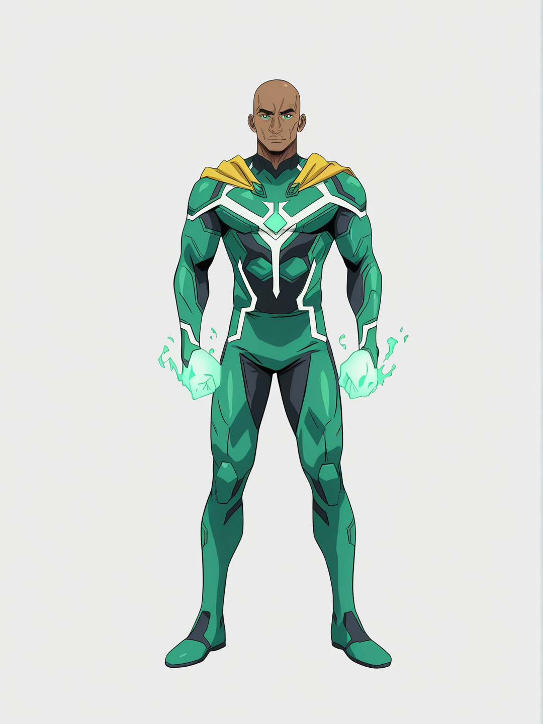 [bright-anime-style] 1boy, bald, grey_skin, dark-skinned_male, muscular_male, mature_male, green_eyes, yellow_cape, green_bodysuit, superhero_costume, green_energy, glowing_hands, energy_beams, marvel_style, single_character, full_body, looking_at_viewer, simple_background, white_background