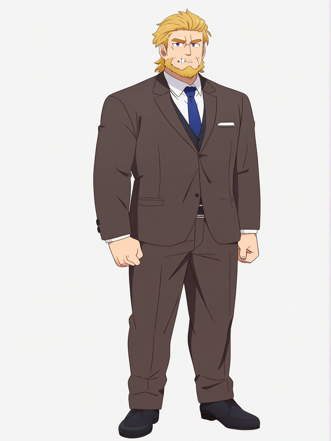 [pop-anime-style] 1boy, suit, cracked mouth, purple eyes, blonde hair, fair skin, mature, athletic build, minecraft style, blocky style, single character, full body, looking at viewer, simple background, white background