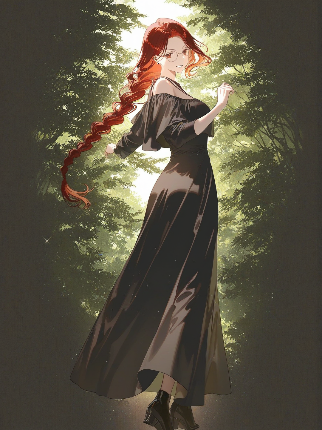 1girl, mature, tall, toned, low-braided long hair, two-tone Brown and red hair, olive skin, Brown eyes, upturned eyes, glasses ear piercings, long blouse, cold shoulder, flowing sleeves, tight black pants, smile, smirk, looking back, dancing, full body, ambient light, forest, [iridescent-style]