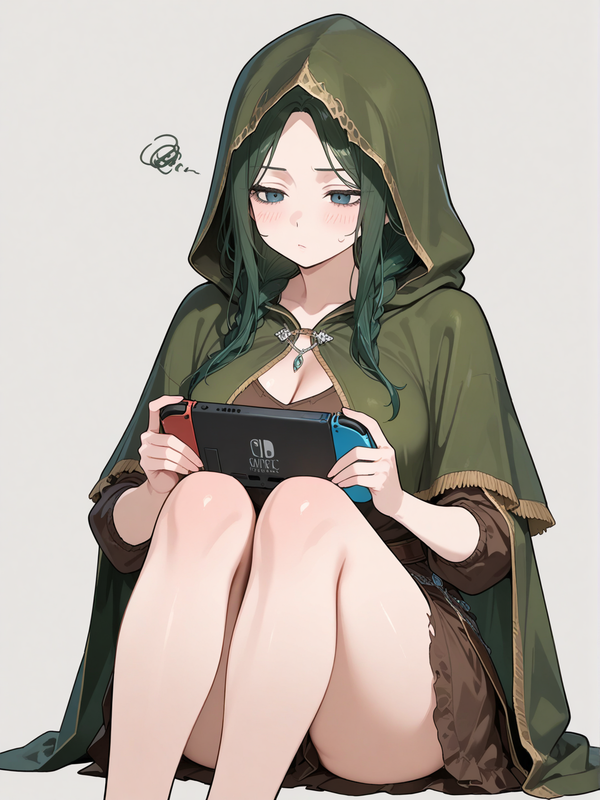Emerald Herald (Dark Souls), bored, playing with a nintendo switch, sitting down, simple background