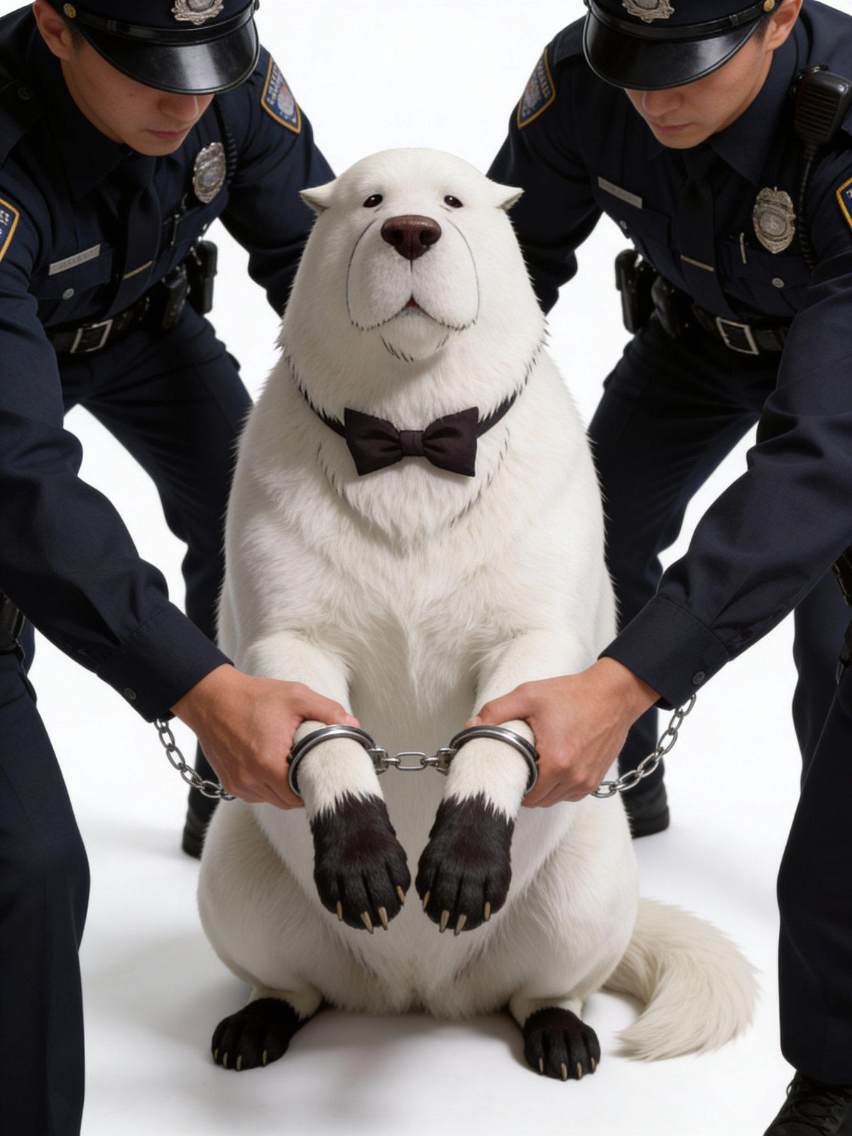 Dog, arrested, handcuffed, white background, full body, 1000048112