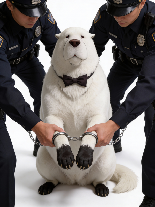 Dog, arrested, handcuffed, white background, full body, 1000048112