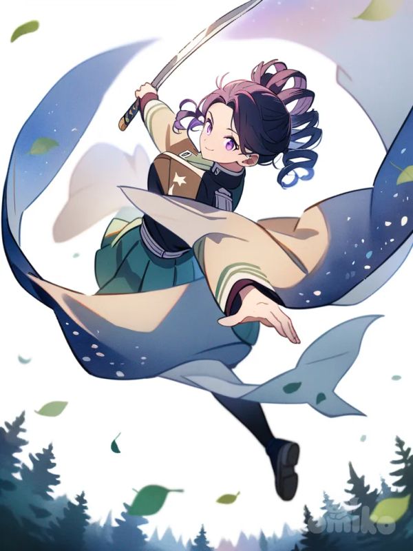 1girl, holding sword, smiling, spiral curls hairstyle, purple eyes, star-themed kimono, demon slayer corps uniform, navy blue gradient, twilight forest, starry sky, falling leaves, watercolor, anime coloring, single character, full body, looking at viewer, anime style, simple background, white background