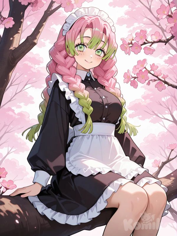 @Kanroji_Mitsuri, sitting in tree, pink flowers maid
