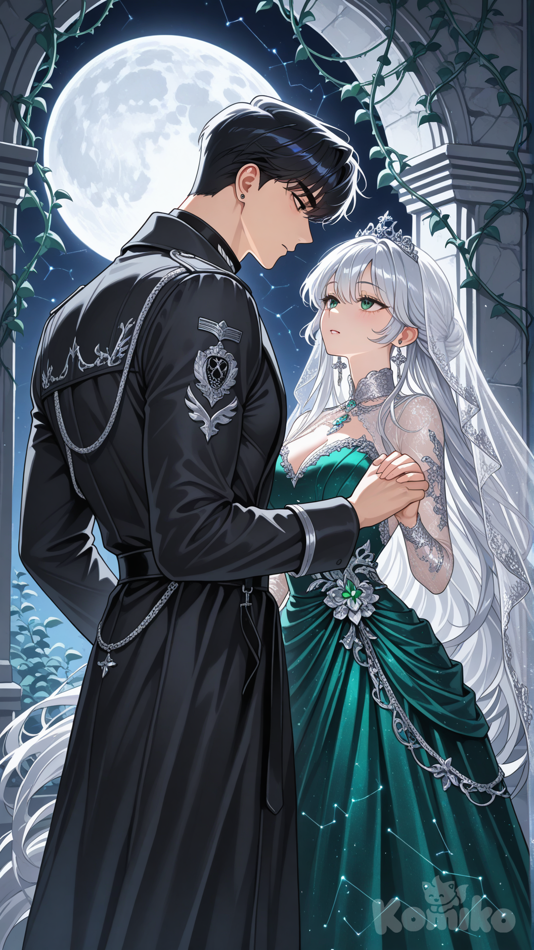 A high-quality Korean webtoon cover illustration. A stunning noblewoman with long, flowing iridescent silver hair and piercing emerald eyes, wearing a deep teal and navy silk ballgown with glowing constellation embroidery and fine silver lace. Beside her stands a tall, handsome duke with jet-black hair and sharp features, dressed in a black military-style trench coat with intricate silver scrollwork. They are holding hands in a magical moonlit garden under a massive, glowing full moon. The background features a stone archway covered in vines and glowing blue fantasy flowers. Style: ethereal, shimmering textures, semi-realistic anime, soft cel-shading, magical particles, cinematic lighting, 8k resolution, romantic fantasy aesthetic.